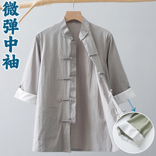 唐装男款夏装短袖中袖中国风中式复古男装盘扣衬衫汉服茶服中山装
