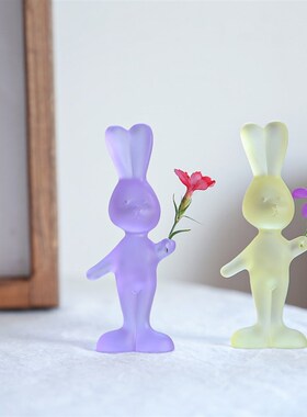 七隐 日式可爱玻璃摆件 紫色兔子琉璃摆件 可插花 桌面摆件
