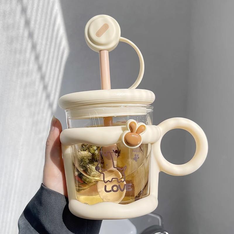 玻璃杯家用马克杯可爱耐热水杯女生吸管带勺盖办公室早餐咖啡杯子