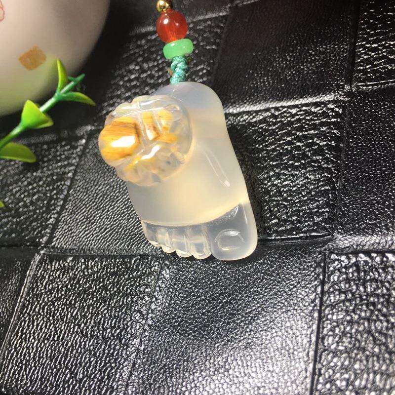 玉髓玛瑙吊坠俏色冰种玉髓小脚丫知足常乐挂件毛衣链