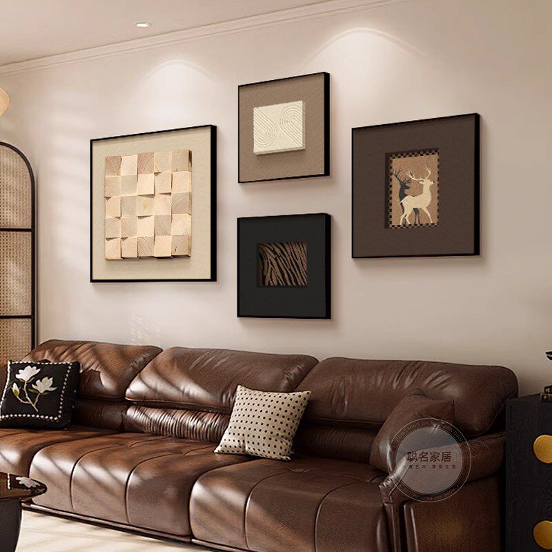 立体实木2025新款客厅装饰画中古风沙发背景墙挂画挂画砂岩组合画