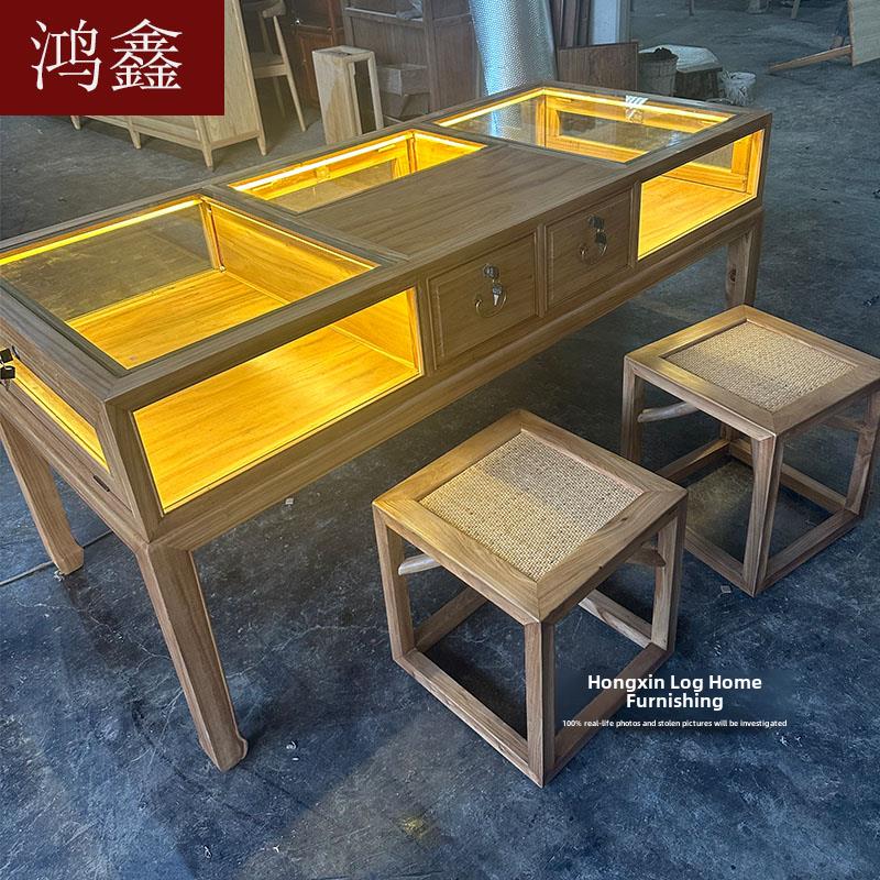 榆木展示柜实木首饰柜台收银台带灯带锁玻璃柜玉器文玩桌玻璃洽谈