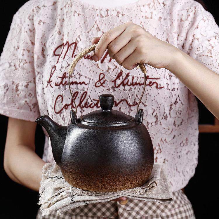 提梁陶壶烧水壶明火粗陶煮茶器耐干烧复古陶瓷壶手工功夫茶具泡茶