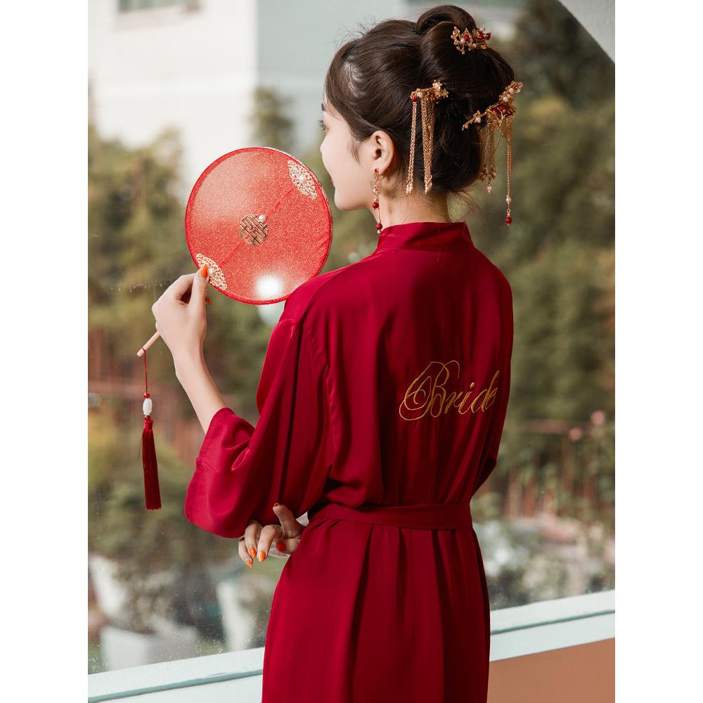 婚礼礼服女新娘伴娘礼服冰丝绸婚礼睡衣浴袍夏季高档新婚红色睡衣