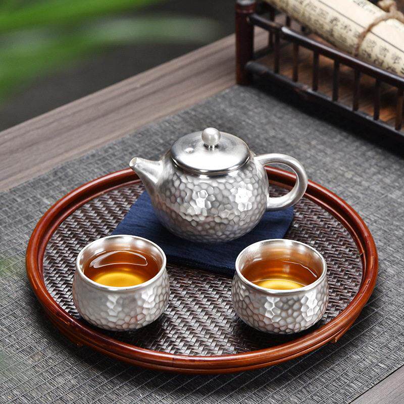 鎏银茶具套装纯银茶壶一壶二杯户外便携旅行锤纹茶杯礼盒茶礼