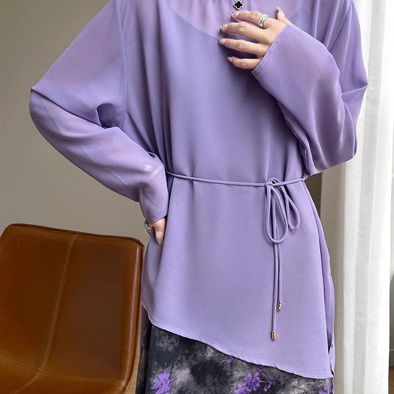 法式轻薄微透圆领长袖衬衫女宽松开叉外搭空调防晒衫设计感上衣,女装/女士精品,真丝上装,淘宝优惠券,粉丝福利购,淘宝优惠卷