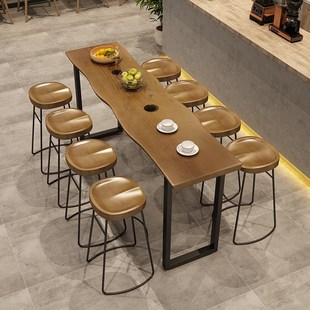 实木吧台桌自然边商用酒吧台家用靠墙高脚窄桌子铁艺长条桌椅组合