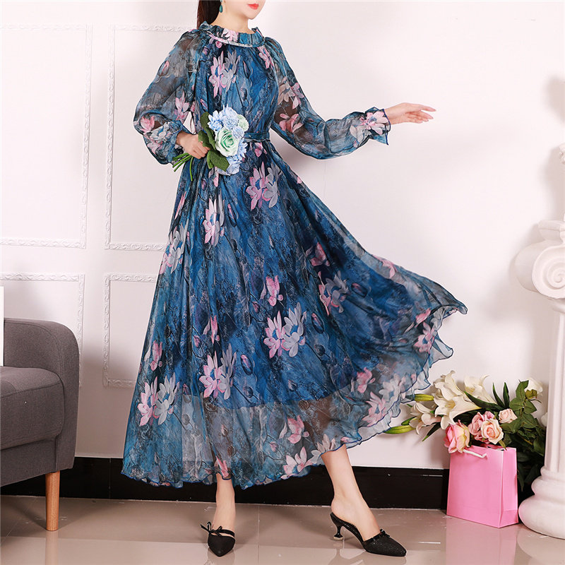 夏季新款雪纺长袖连衣裙碎花气质薄款大码女夏长款到脚踝长裙胖mm