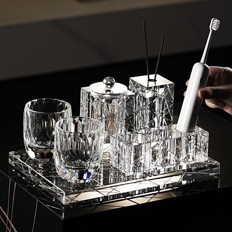高端水晶电动牙刷置物架奢华别墅主卫生间台面双人洗漱杯收纳套装