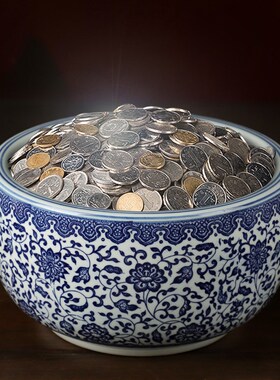 景德镇陶瓷器青花瓷聚宝盆家居装饰品摆件 新中式瓷器博古架摆设