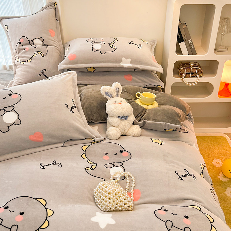 儿童卡通牛奶珊瑚绒被套单件冬季加绒加厚床单被罩三件套被单男孩