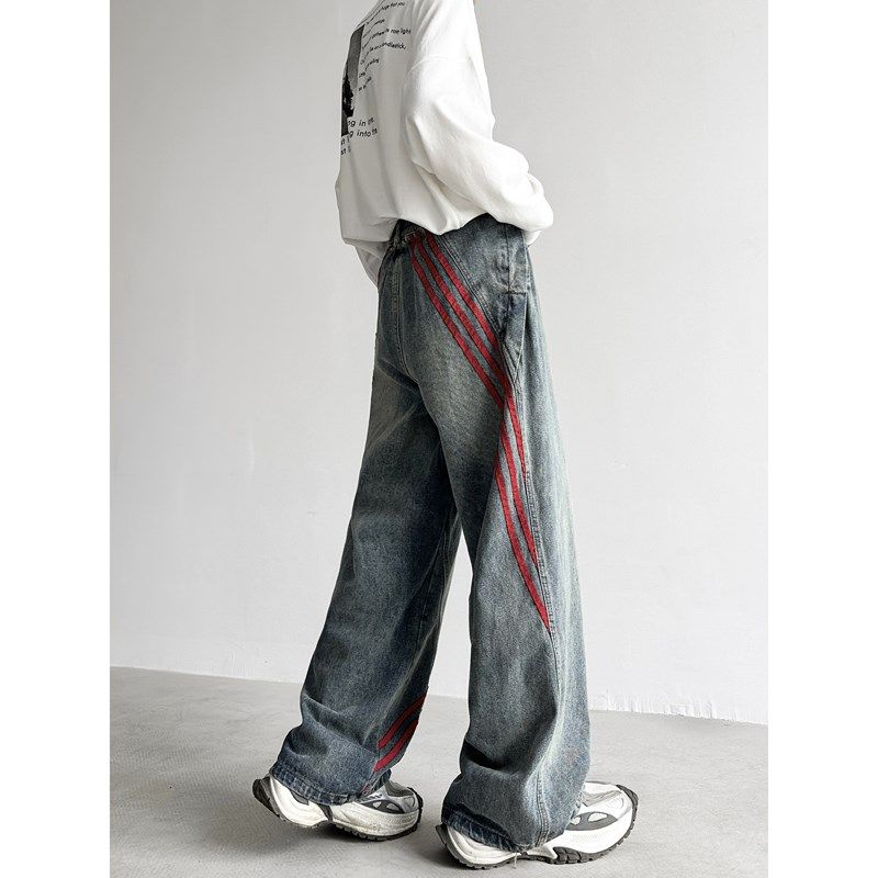 复古微喇黄泥蓝牛仔裤男生宽松直筒条纹拼接休闲做旧工装阔腿长裤