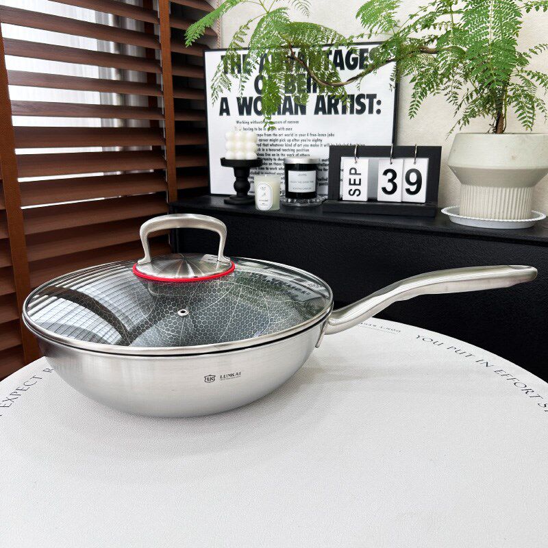 出口18/10不锈钢炒锅激光微雕家用不粘锅炒菜锅电磁炉燃气30cm