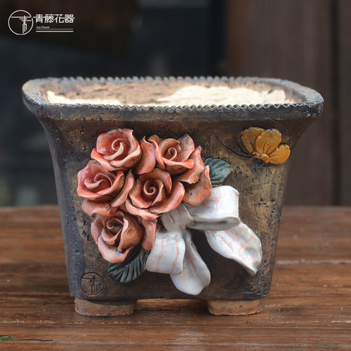 青藤花器手工捏制透气多肉粗陶法师杜美莎仙女杯月影小老桩方口盆