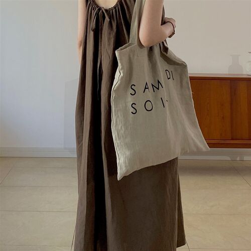 Samedi Soir亚麻字母单肩通勤文艺休闲帆布包女大容量简约购物袋