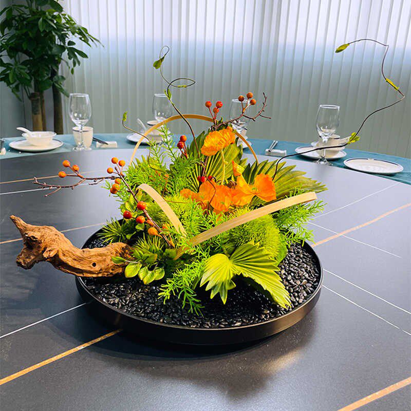 酒店餐桌花摆盘装饰花草餐厅桌面创意摆件包间大圆桌转盘仿真假花