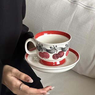 中古风陶瓷花朵咖啡杯碟莺桃小红珠下午茶杯套装闺蜜礼物伴手礼