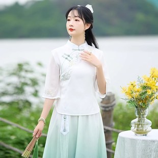 新中式日常汉服套装女夏季新款国风学生改良旗袍上衣半身裙两件套