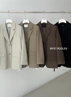 FST 黑色西装外套女秋季新款复古宽松高级感格纹休闲卡绿西服上衣