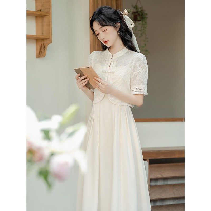 新中式国风盘扣上衣连衣裙两件套女夏季2023年新款改良旗袍套装裙