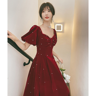 敬酒服新娘在逃公主酒红色订婚连衣裙夏季礼服裙法式高级感小个子