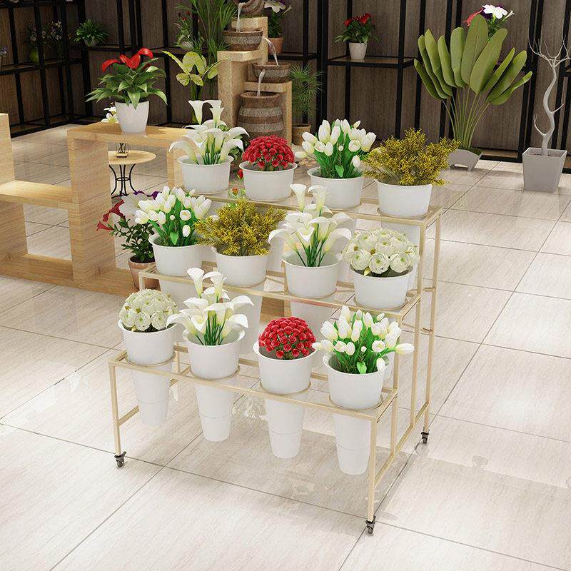 大号花店花架鲜花展示架铁艺多层货架可移动带万向轮塑料鲜花桶架