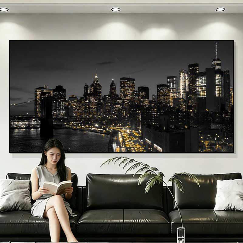 世界著名建筑装饰画客厅沙发背景墙挂画纽约城市黑白摄影风景壁画