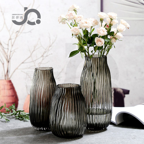 欧式创意样板间玻璃花瓶鲜花百合富贵竹玫瑰收口竖条原色桌面摆件