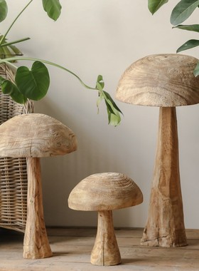 创意实木蘑菇落地摆件样板房软装木质摆设侘寂风复古民宿庭院造景