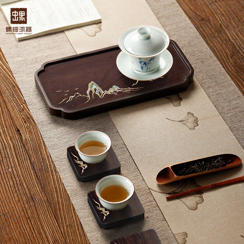 螺钿漆器茶盘家用实木茶具台古风小型托盘放茶叶杯沥水干泡台茶海