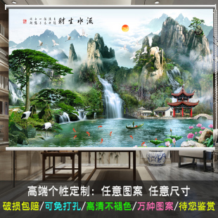 遮光卷帘窗帘卷拉式升降手拉办公室客厅风景山水画中式挂画免打孔