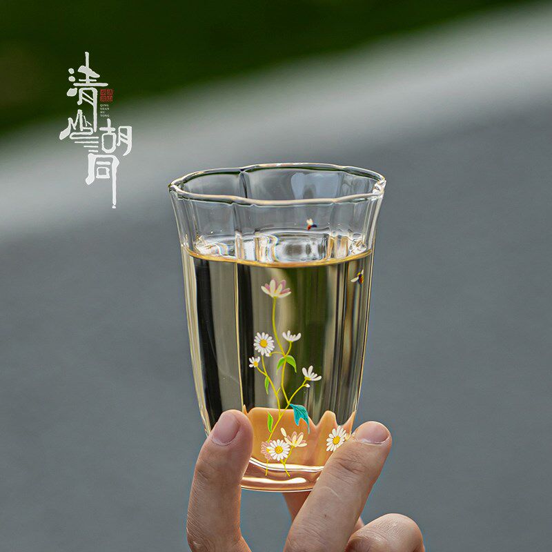 清山胡同小雏菊高温烤花玻璃杯耐热高硼硅透明无铅绿茶杯品茗杯