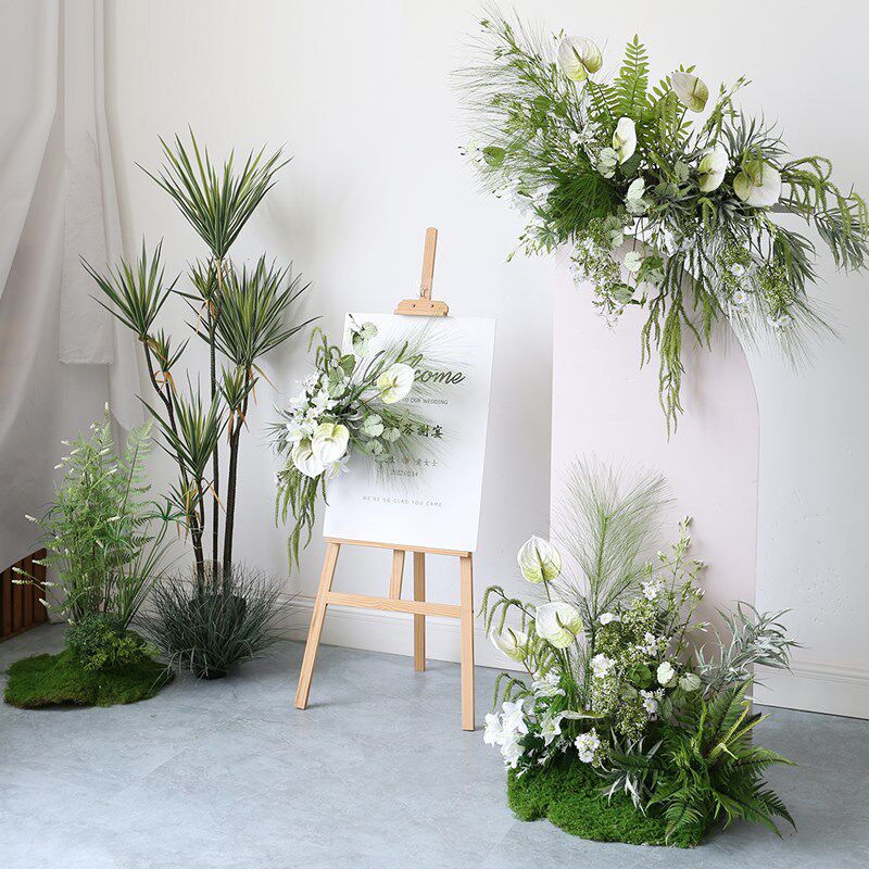 白绿系婚礼花艺迎宾拍照背景仿真花卉壁挂水牌路引花牌水牌花架