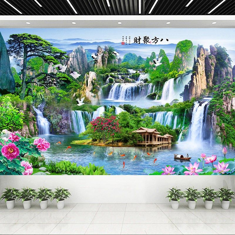 八方聚财山水画墙贴壁布自粘新款客厅沙发背景墙装饰画流水生财