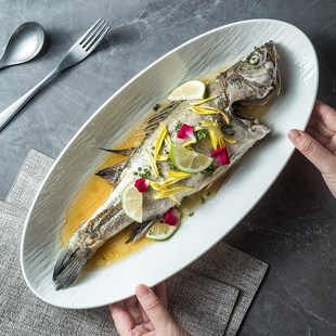 纯白陶瓷盘大号鱼盘蒸鱼盘子剁椒鱼头装鱼盘子家用餐具菜盘西餐盘