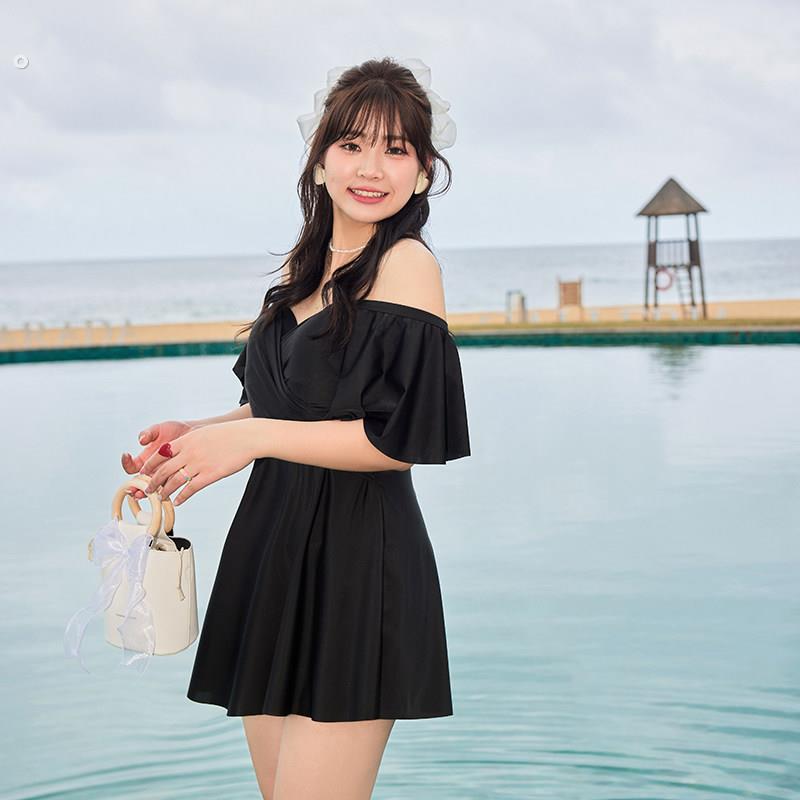 一字肩泳衣女大尺码胖mm200斤显瘦遮肚保守钢托 托聚拢连身高级感