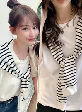 白色条纹外搭小披肩针织打结女韩版百搭装饰假领子围巾春夏秋搭肩