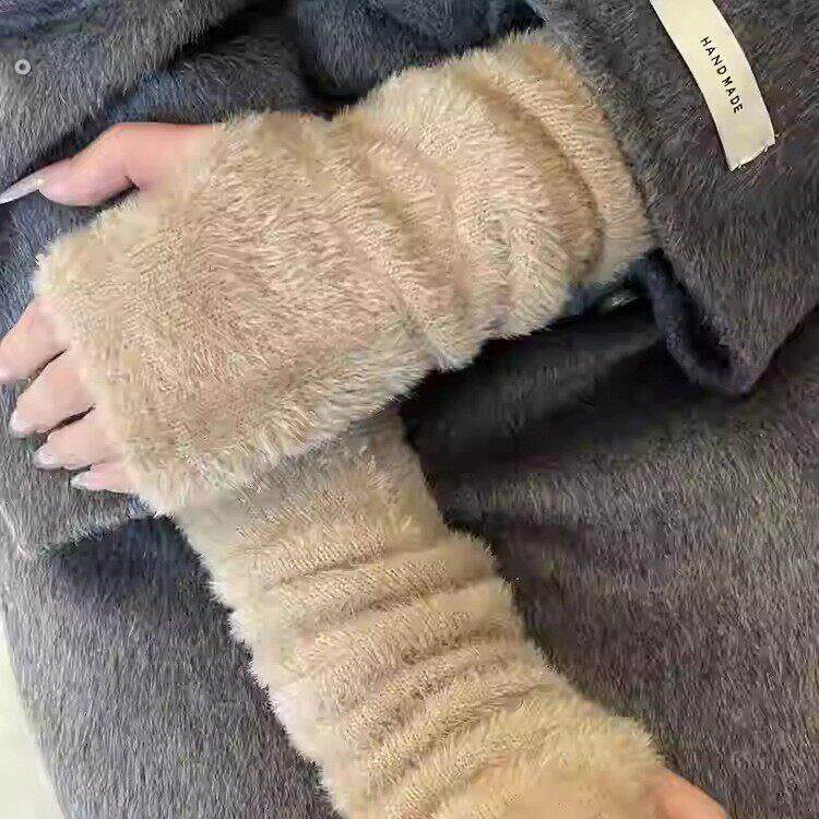 软糯毛绒半指手套女加绒保暖春秋袖套可爱仿兔毛日系长袖漏指手套