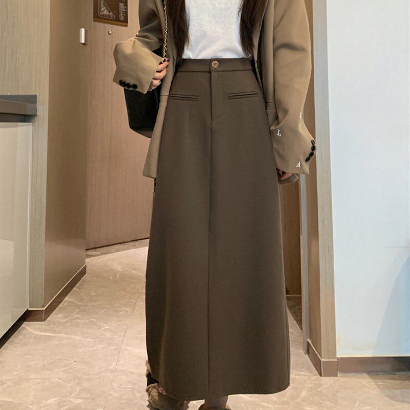 黑色中长款半身裙大码梨形身材高腰显瘦西装a字裙灰色遮胯长裙子