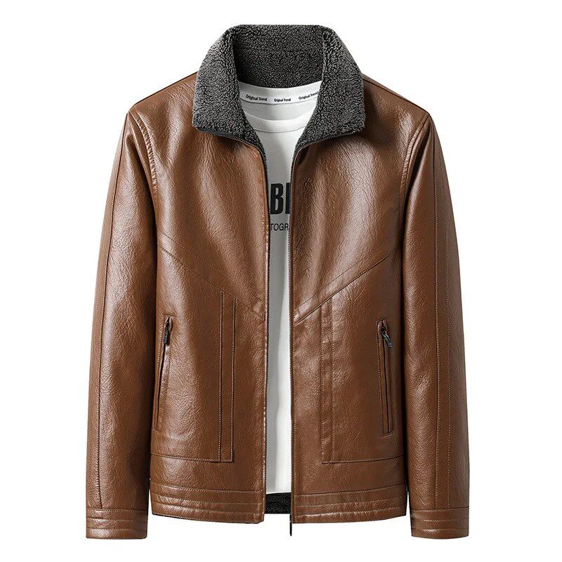 加绒加厚皮衣男款2023秋冬季新款皮夹克加肥一体保暖翻领男士外套