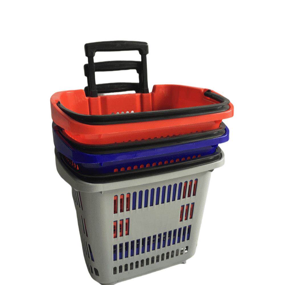 超市购物篮塑料拉杆式购物车超市专用折叠购物筐带轮买菜