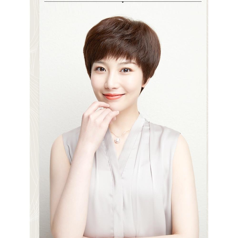假发女短发中年头发女士中老年短直发真人发丝全头套式自然妈妈款