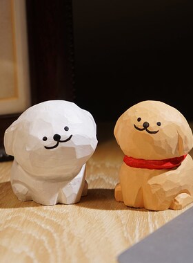 线条小狗手工木雕小摆件卡通可爱手绘办公室工位电脑桌面装饰品