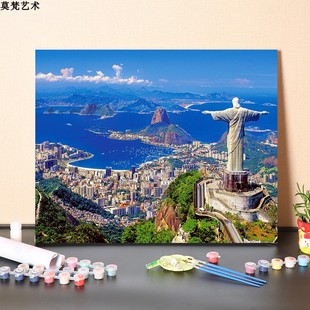 数字油画diy手工填充巴西里约热内卢城市风景手绘涂色油彩画画