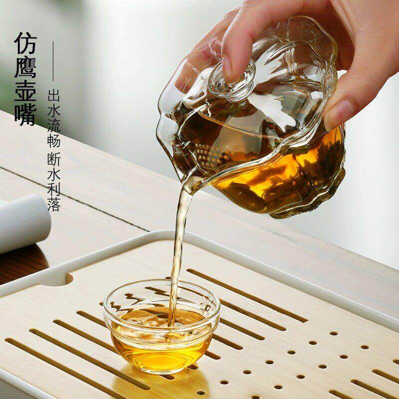 玻璃茶具百财莲花盖碗泡茶碗耐热防烫手抓壶带过滤孔功夫茶具茶杯