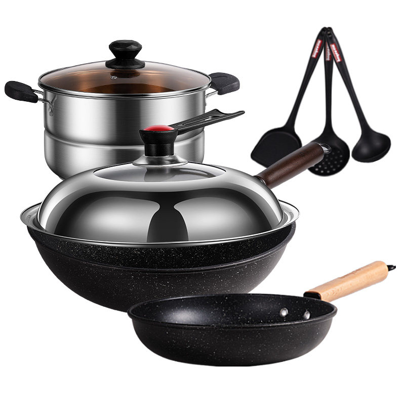 麦饭石炒锅不粘锅家用燃气灶适用炒菜锅电磁炉专用全套锅具套装