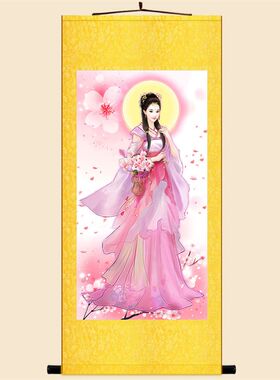 桃花仙子图 花神仙女画像 中式复古客厅书房装饰画 绢布卷轴挂画