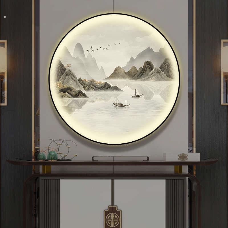 新中式入户玄关装饰画灯画圆形山水画客厅风景画走廊过道茶室挂画