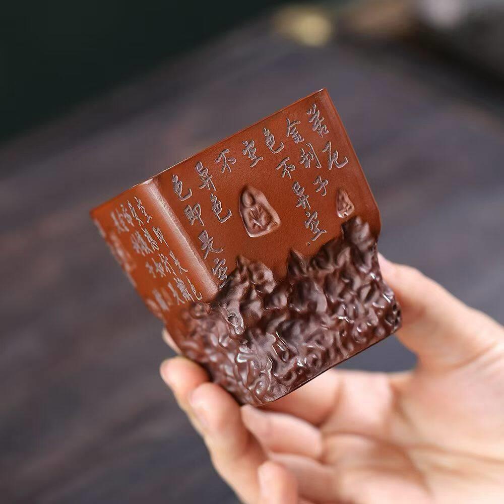 宜兴紫砂杯敦煌石窟茶杯原矿品茗杯中式手工四方佛杯主人杯茶具