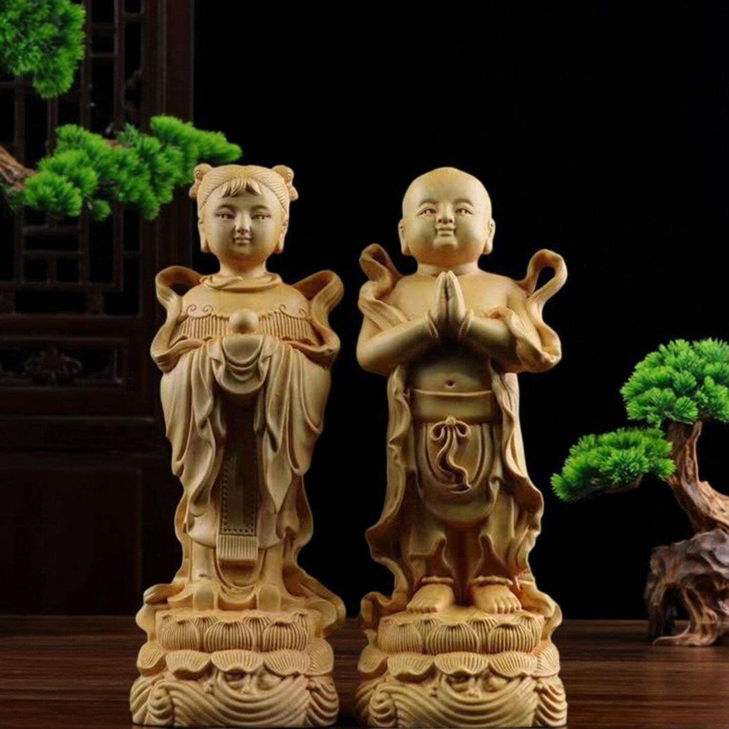 黄杨木雕刻善财童子龙女金童玉女观音菩萨像佛像家用居家供奉摆件